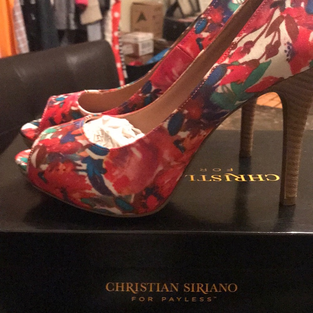 Floral peep toe heels never worn